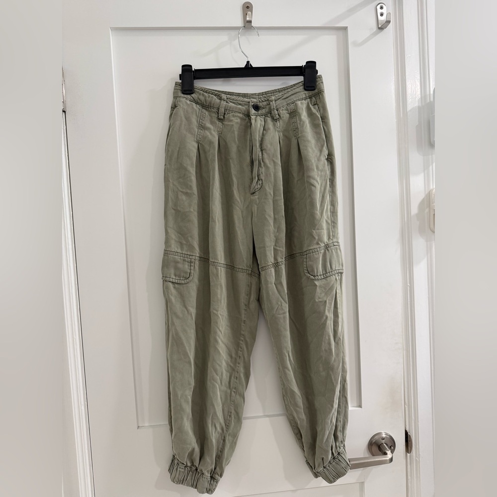 All Saints green cropped lira trouser (fair condition, bleach stains + pulls)